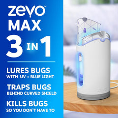 Zevo MAX Bug Catcher & Fly Trap for Indoors - Flying Insect Trap for Gnats, House & Fruit Flies - Use in Any Room - No-Mess Disposal (1 Plug in Base & 6 Cartridges)