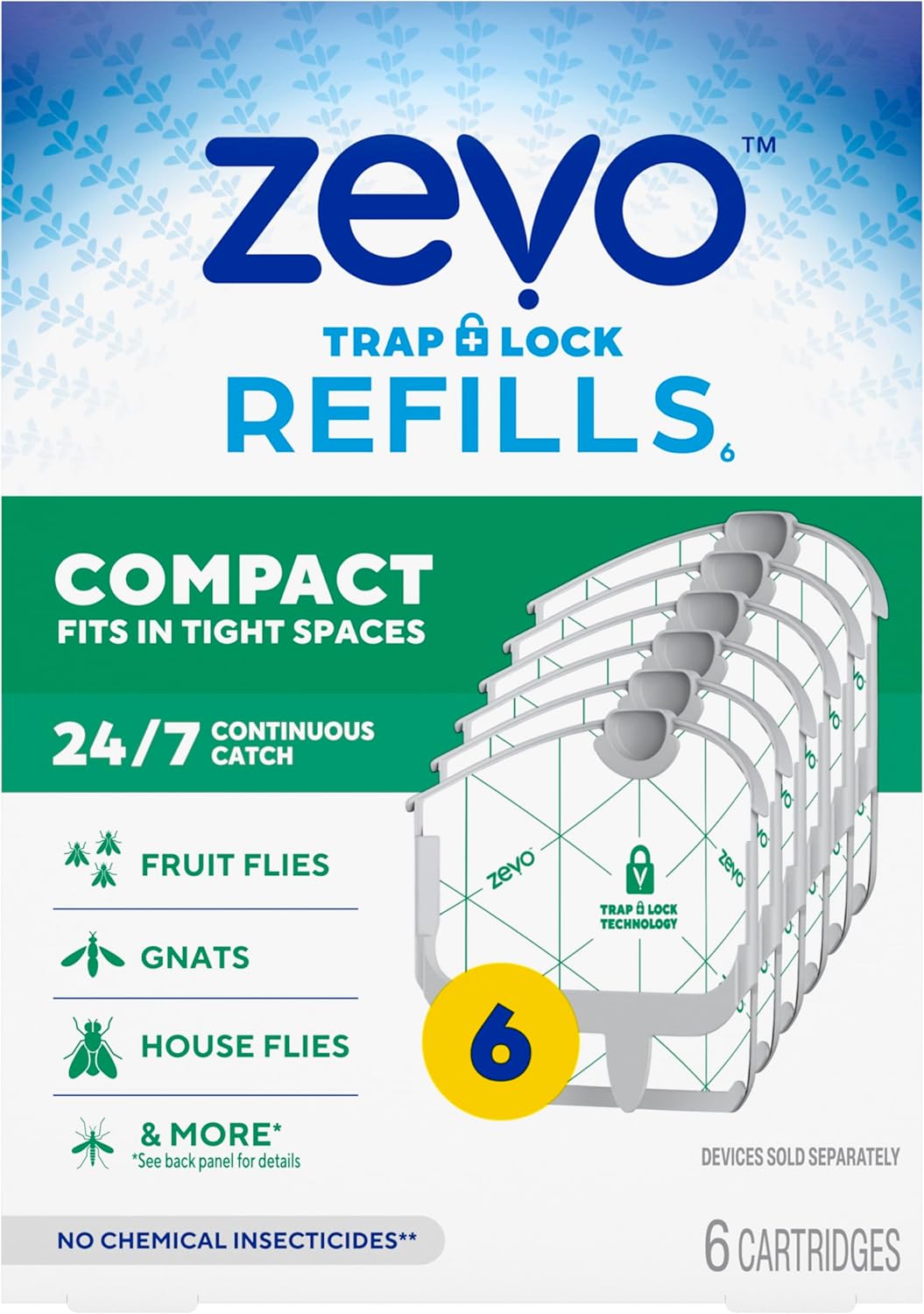 Zevo Compact Flying Insect Trap Official Refill Cartridges - Fits Zevo Compact Indoor Plug-in Trap, Authentic Trap + Lock Technology to Catch Gnats, House & Fruit Flies (6 Official Refill Cartridges)