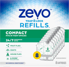 Zevo Compact Flying Insect Trap Official Refill Cartridges - Fits Zevo Compact Indoor Plug-in Trap, Authentic Trap + Lock Technology to Catch Gnats, House & Fruit Flies (8 Official Refill Cartridges)